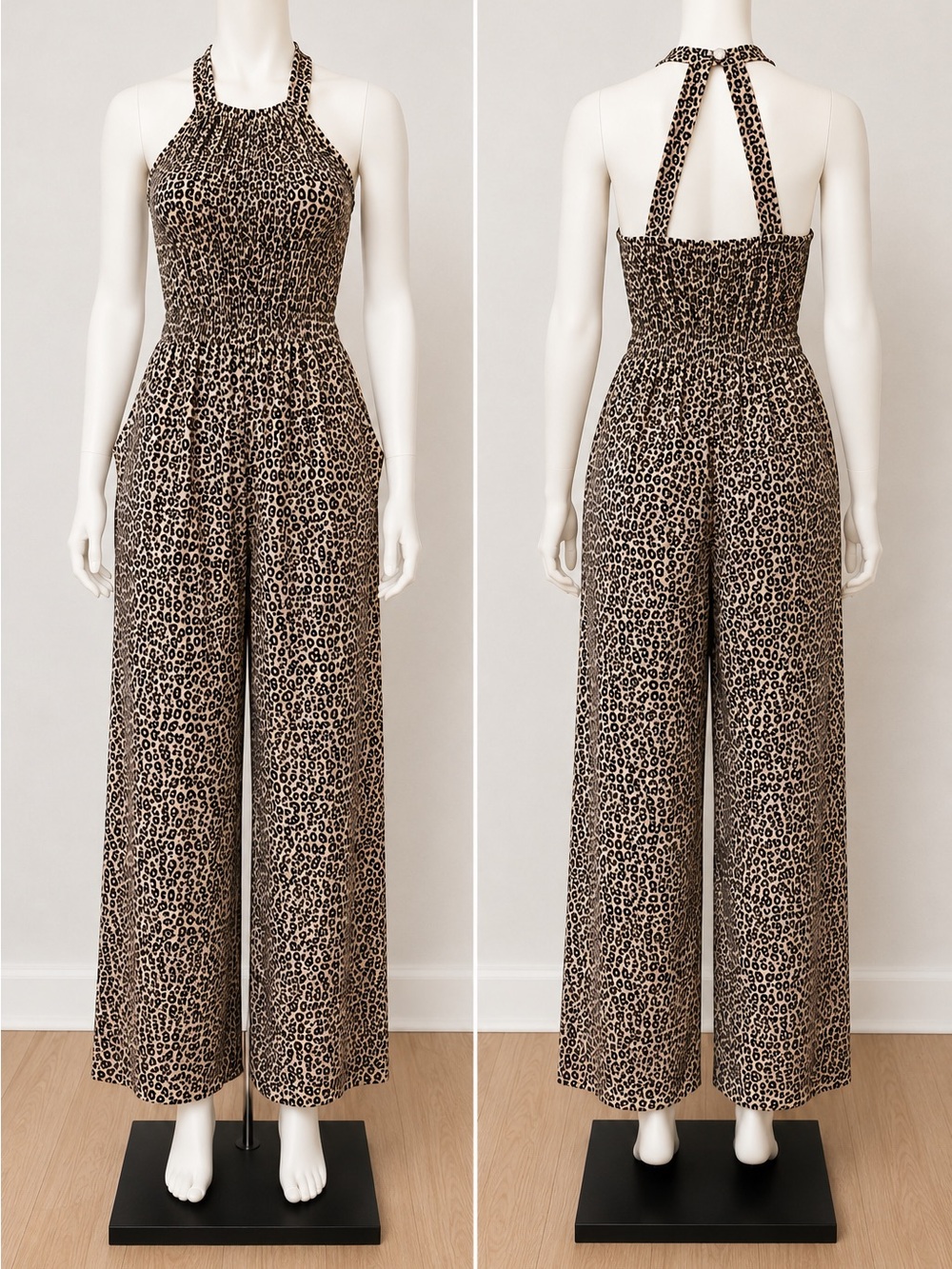 Japna Leopard Print Smocked Wide Leg Jumpsuit Pockets Halter Medium